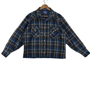 Pendleton Wool Shirt Mens Extra Large Blue‎ Plaid Western Pearl Snap Made USA